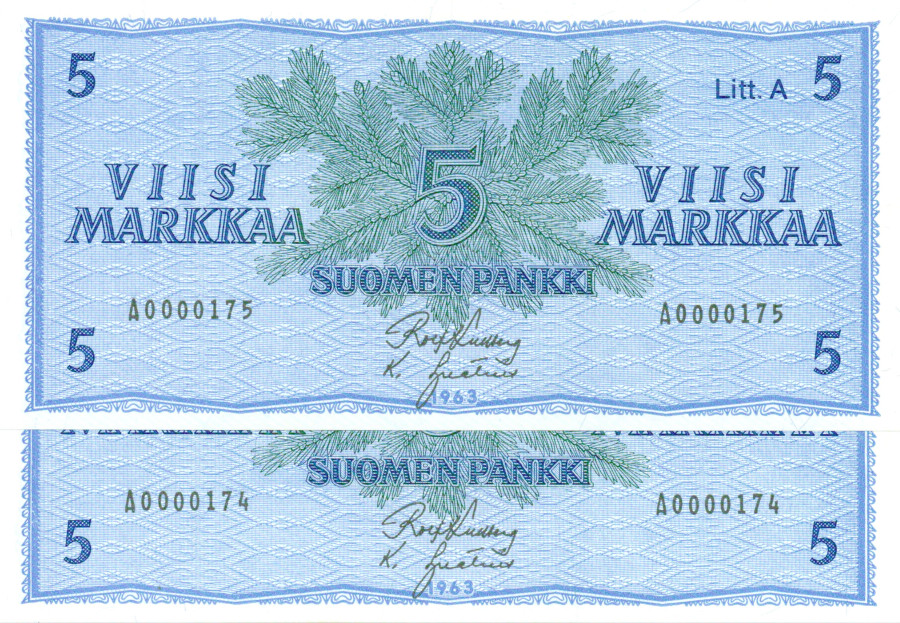 5 Markkaa 1963 Litt.A A000017X kl.9
